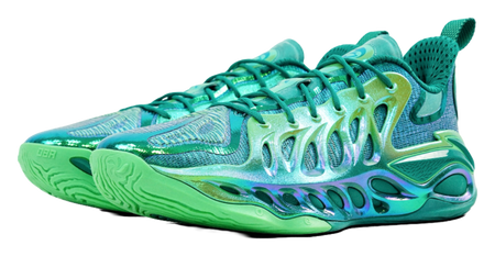 Li-Ning green basketball sneaker, angled front view with panel detailing and laces