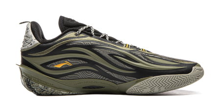 Basketball shoe angled side view in olive-green and black with orange detail
