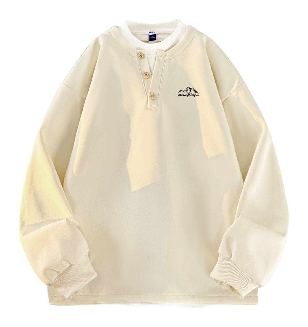 Warrior Revival Wind and Wave Series American Trendy College Style Letter Print Color Contrast Splicing Fake Two Piece Loose Casual Versatile Hoodie Bottom Wear Warm Henley Collar Long Sleeve T-shirt Unisex  vjsneaker.com