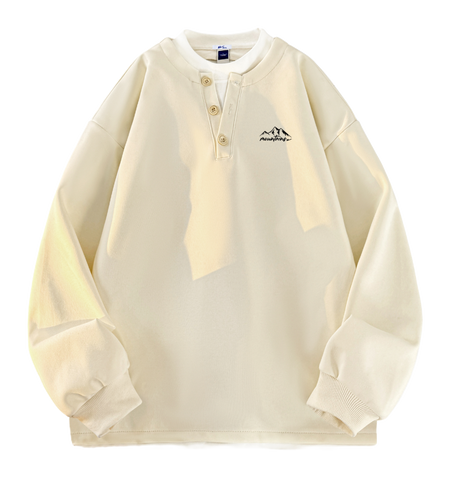 Warrior Revival Wind and Wave Series American Trendy College Style Letter Print Color Contrast Splicing Fake Two Piece Loose Casual Versatile Hoodie Bottom Wear Warm Henley Collar Long Sleeve T-shirt Unisex  vjsneaker.com