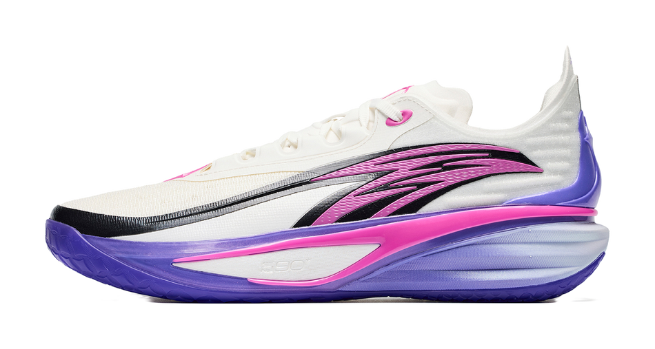 White and purple basketball guard shoe with magenta accents, side view