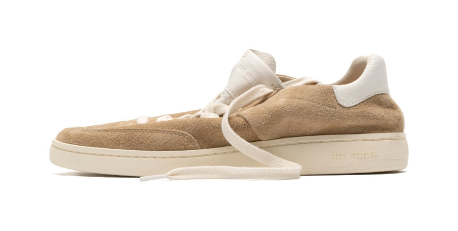 Sand and antique white suede low-top skate shoes, lace-up with white rubber sole