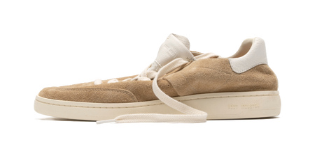Sand and antique white suede low-top skate shoes, lace-up with white rubber sole