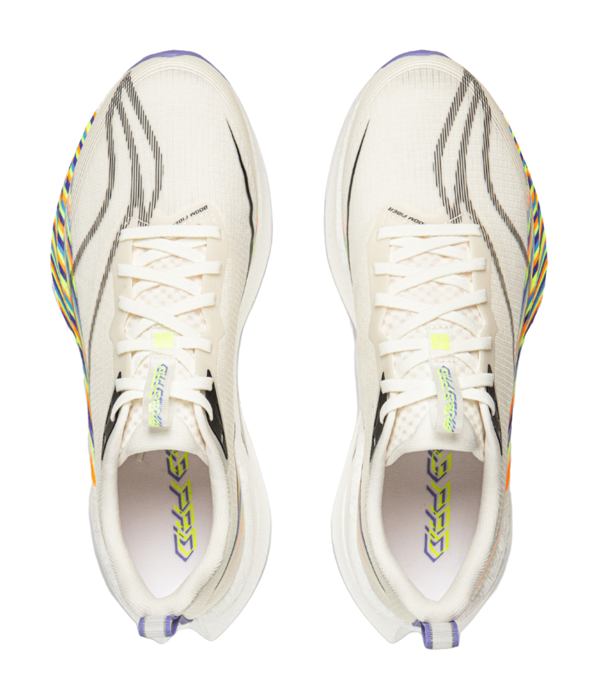 White running shoe front view with lace-up closure and multicolor side logo detail