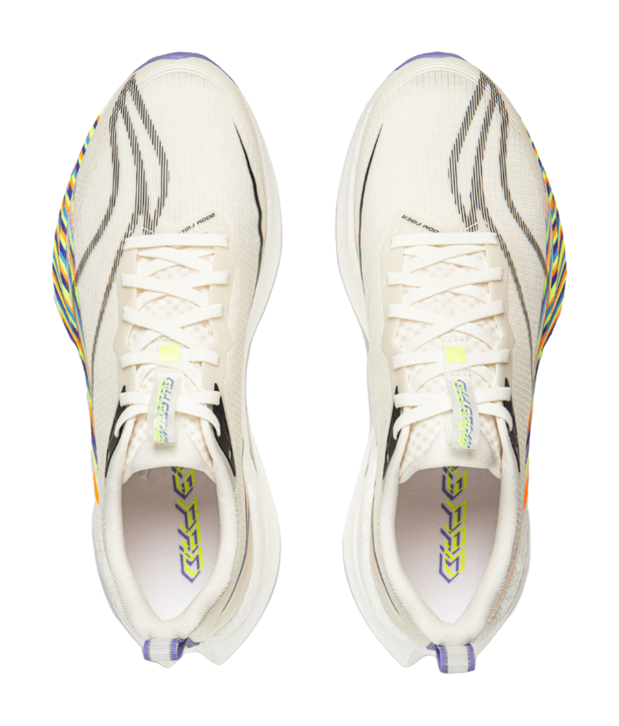 White running shoe front view with lace-up closure and multicolor side logo detail