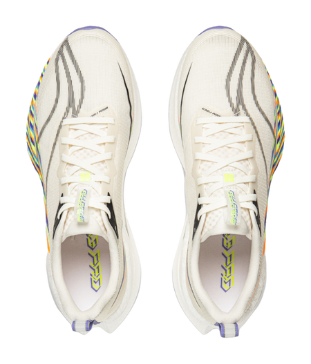 White running shoe front view with lace-up closure and multicolor side logo detail