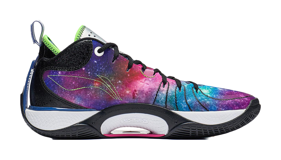 Galaxy basketball shoe, side view, blue midsole and neon green heel pull tab