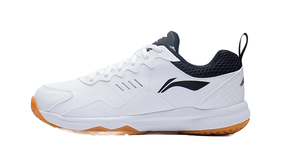 Li Ning low-top badminton shoes in white with dark navy collar and gum outsole