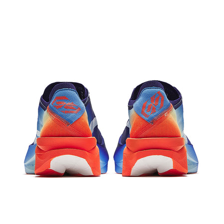 Marathon racing shoe heels, navy uppers, orange heel wedges, blue-orange gradient back, cushioned.