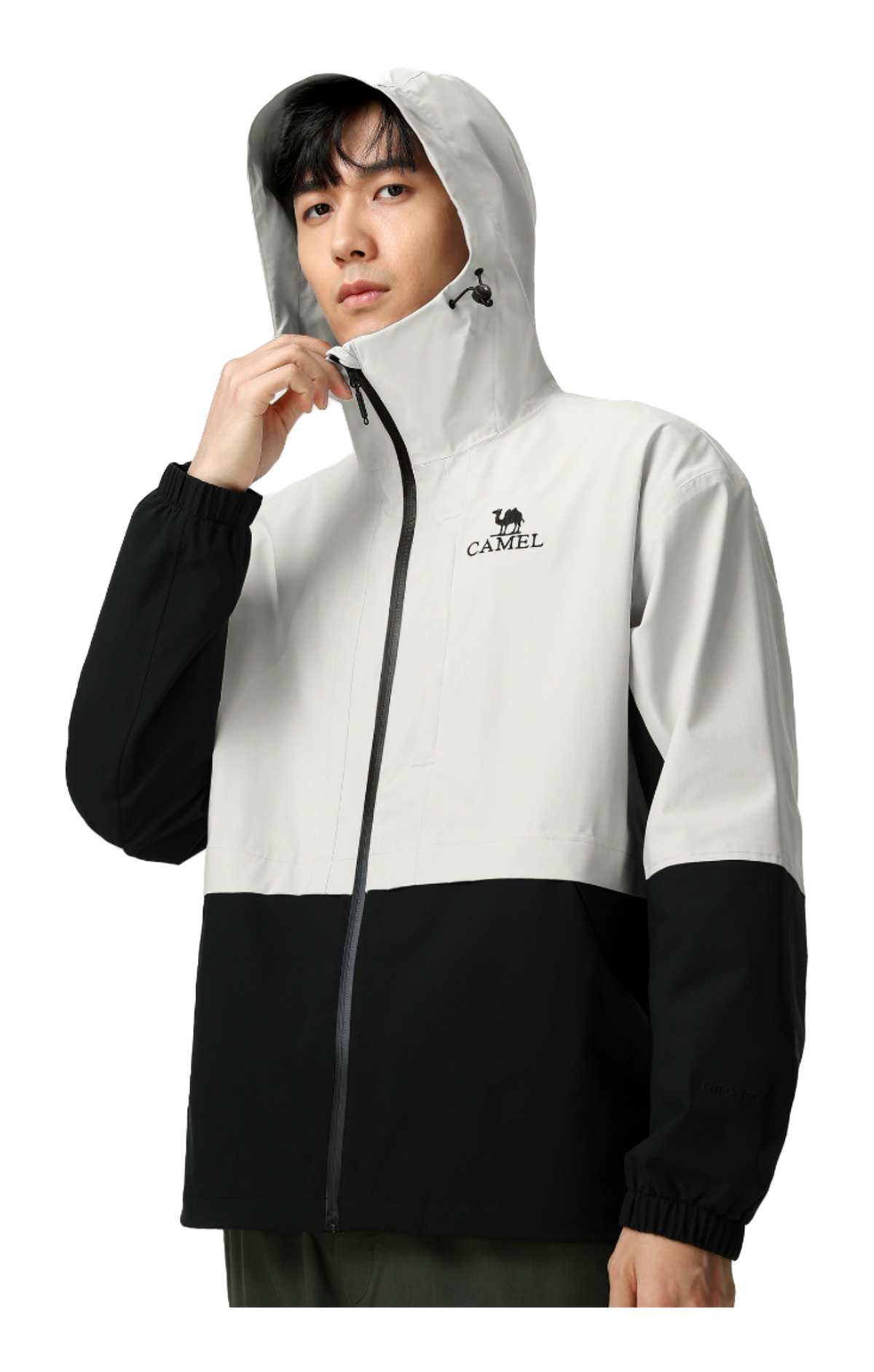 Men's white and black windbreaker jacket with hood, full-zip front, and logo