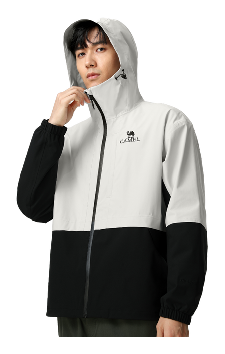 Men's white and black windbreaker jacket with hood, full-zip front, and logo
