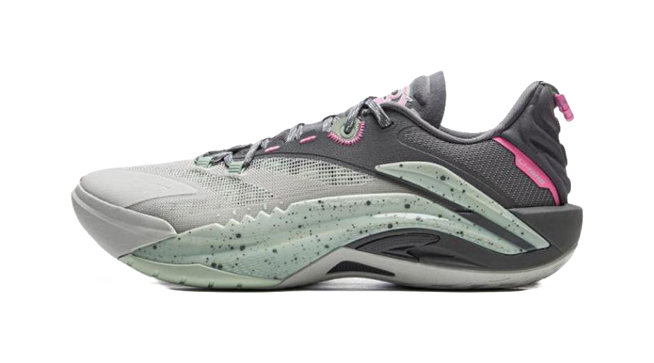 Grey and dark gray basketball shoe with green midsole stripe and pink heel accents