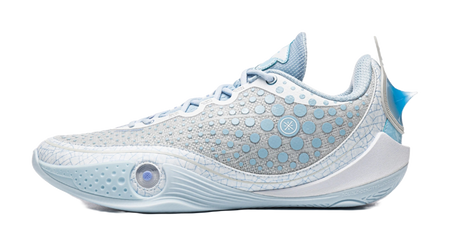 Ice blue low basketball shoe with patterned upper and lace-up front