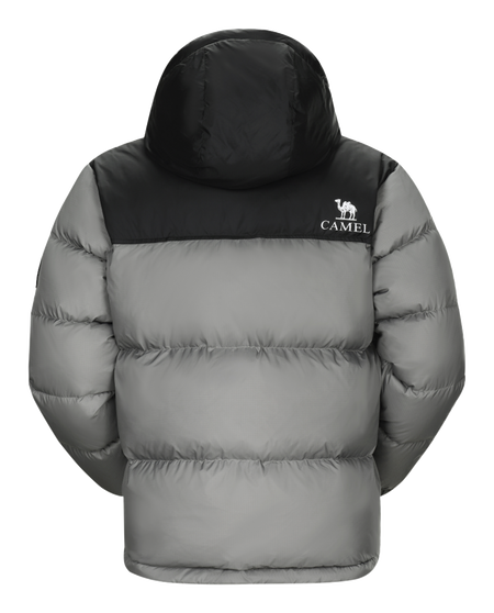 Unisex down puffer jacket, light gray with black hood and CAMEL chest logo