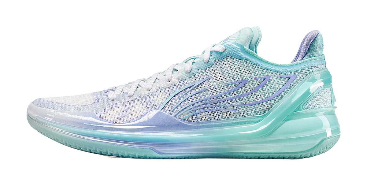 Cyan and purple low-top basketball shoes with white laces and cushioned sole