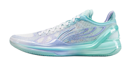 Cyan and purple low-top basketball shoes with white laces and cushioned sole