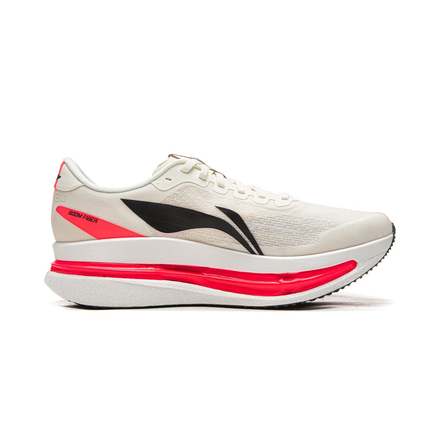 Champagne white running shoe with black diagonal logo and red accent stripe, lace-up