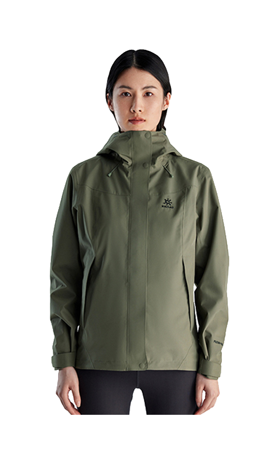 Women's hooded windbreaker jacket in dark olive green with front zipper and wrist cuffs