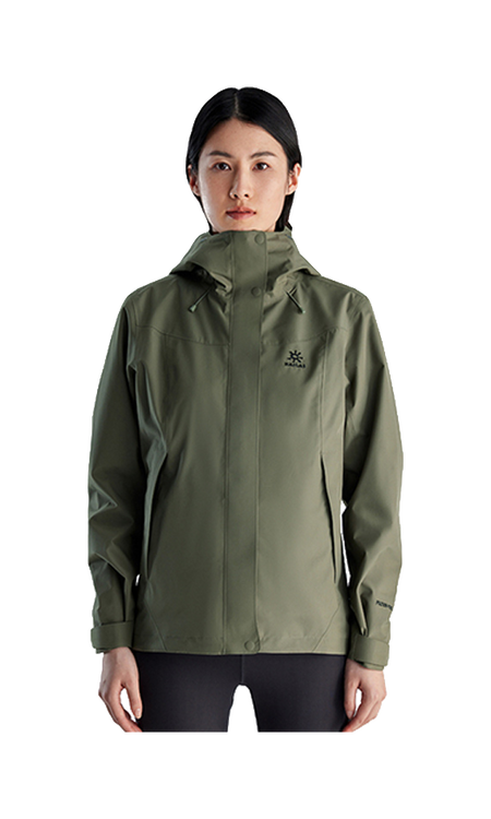 Women's hooded windbreaker jacket in dark olive green with front zipper and wrist cuffs