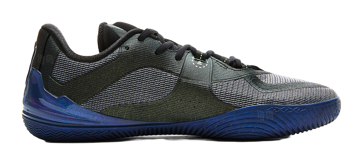 Side view basketball shoe in black, teal and blue with mesh texture and blue outsole
