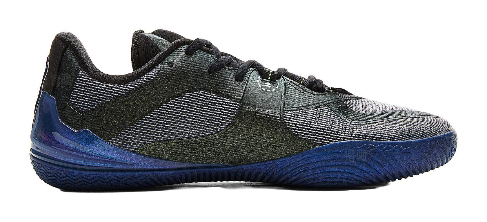 Side view basketball shoe in black, teal and blue with mesh texture and blue outsole