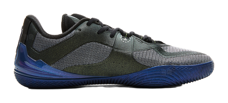 Side view basketball shoe in black, teal and blue with mesh texture and blue outsole