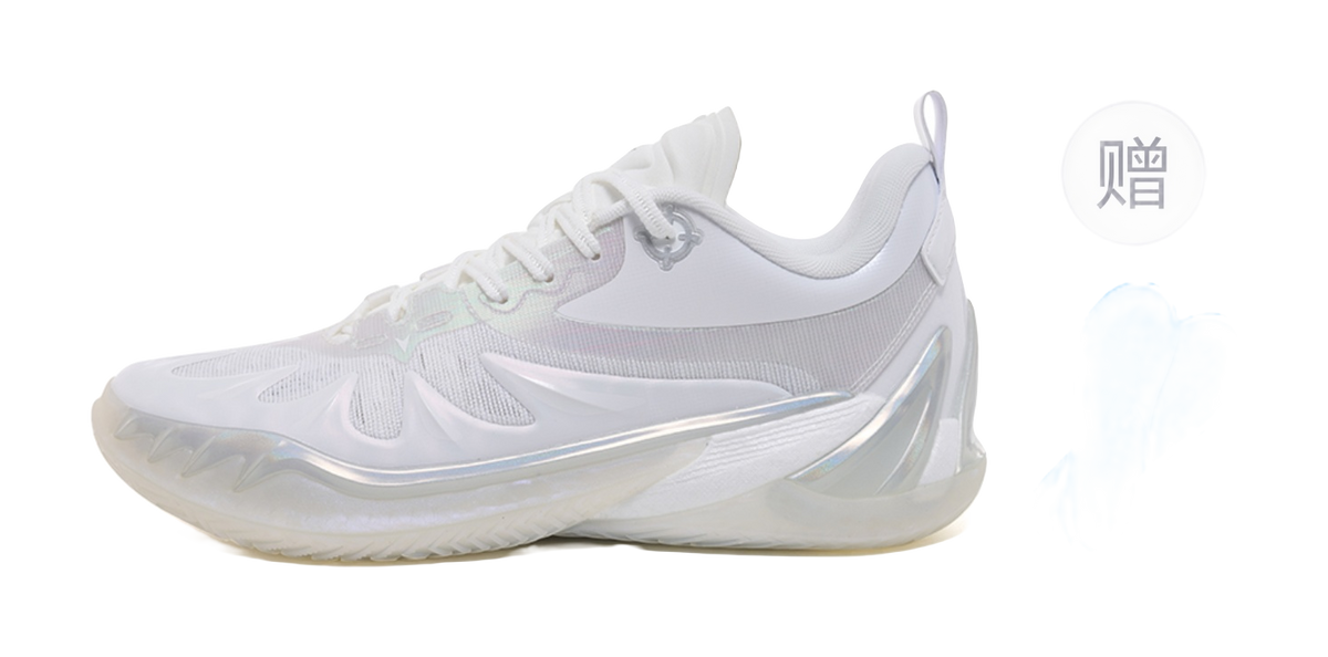 White lace-up basketball shoe with translucent midsole and mesh upper
