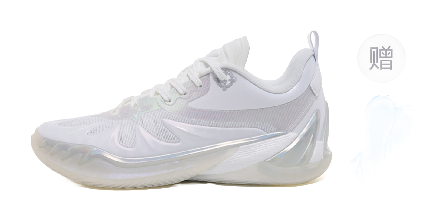 White lace-up basketball shoe with translucent midsole and mesh upper