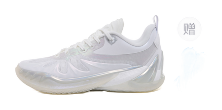 White lace-up basketball shoe with translucent midsole and mesh upper