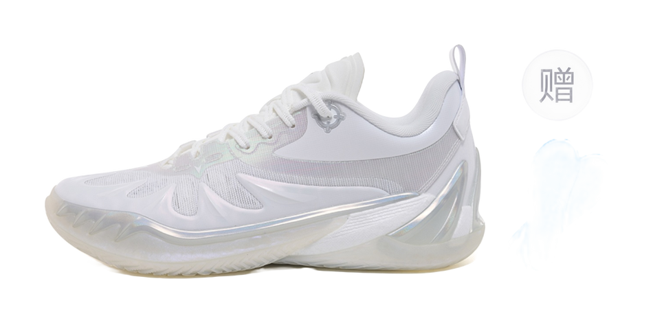 White lace-up basketball shoe with translucent midsole and mesh upper