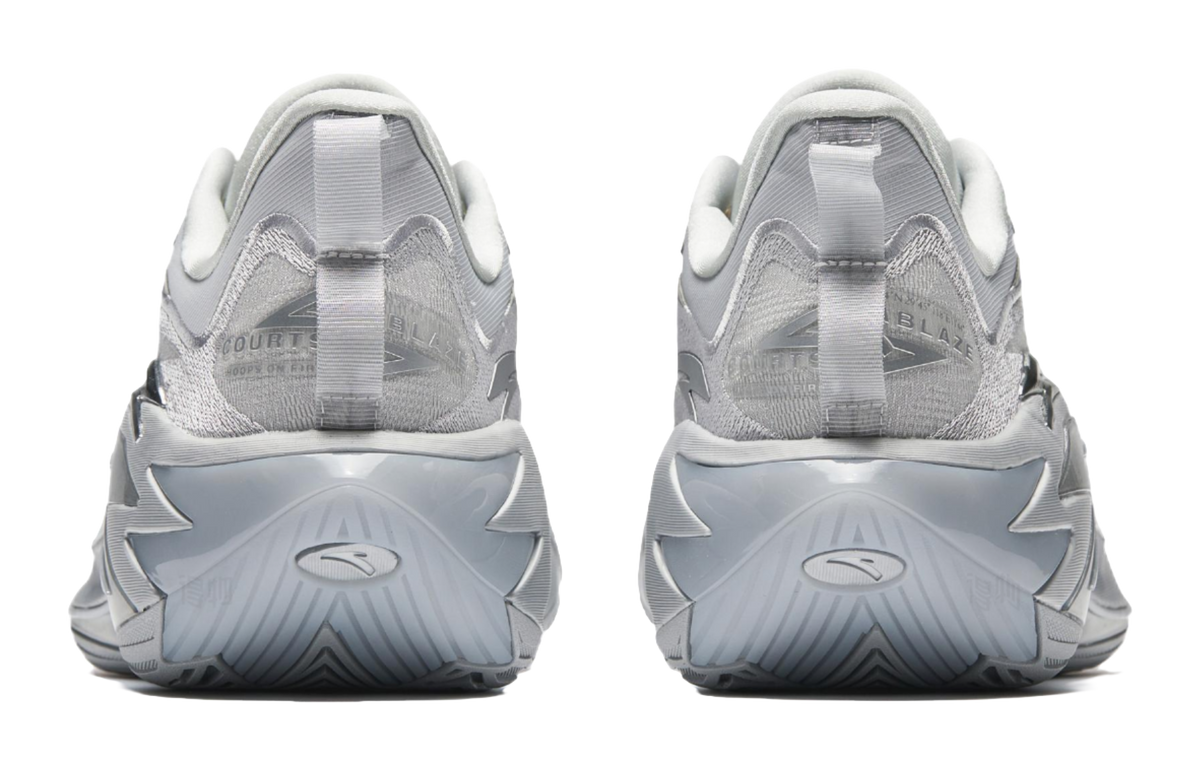 Metallic grey basketball shoes, rear view with heel cushioning and lace-up uppers