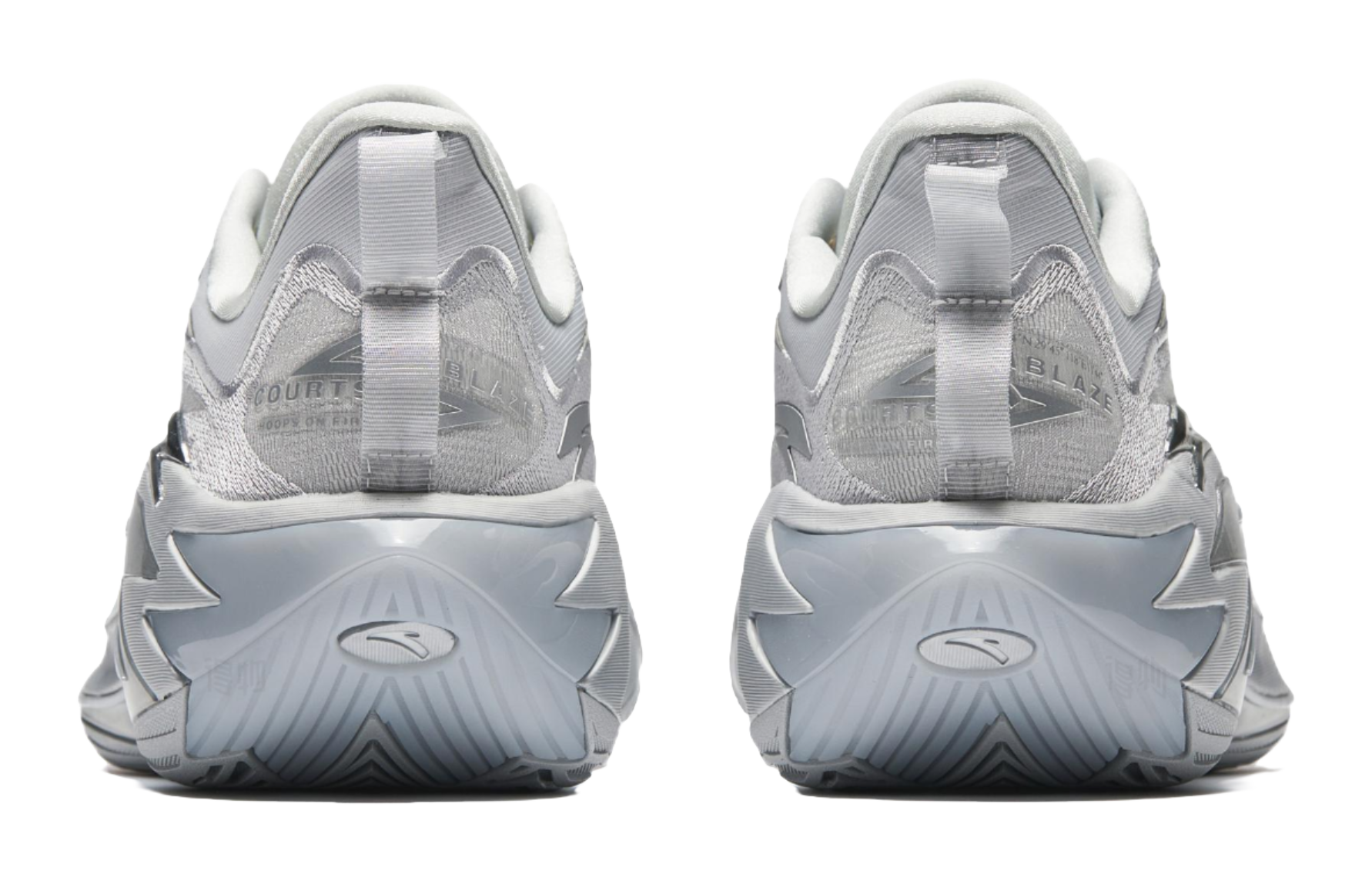 Metallic grey basketball shoes, rear view with heel cushioning and lace-up uppers