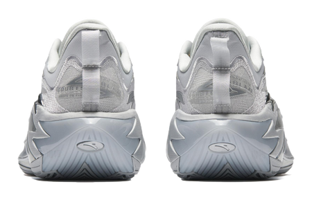 Metallic grey basketball shoes, rear view with heel cushioning and lace-up uppers