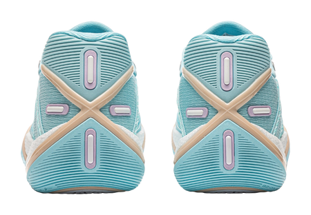 Light blue low basketball shoe heel view with striped tread and pink accent panels