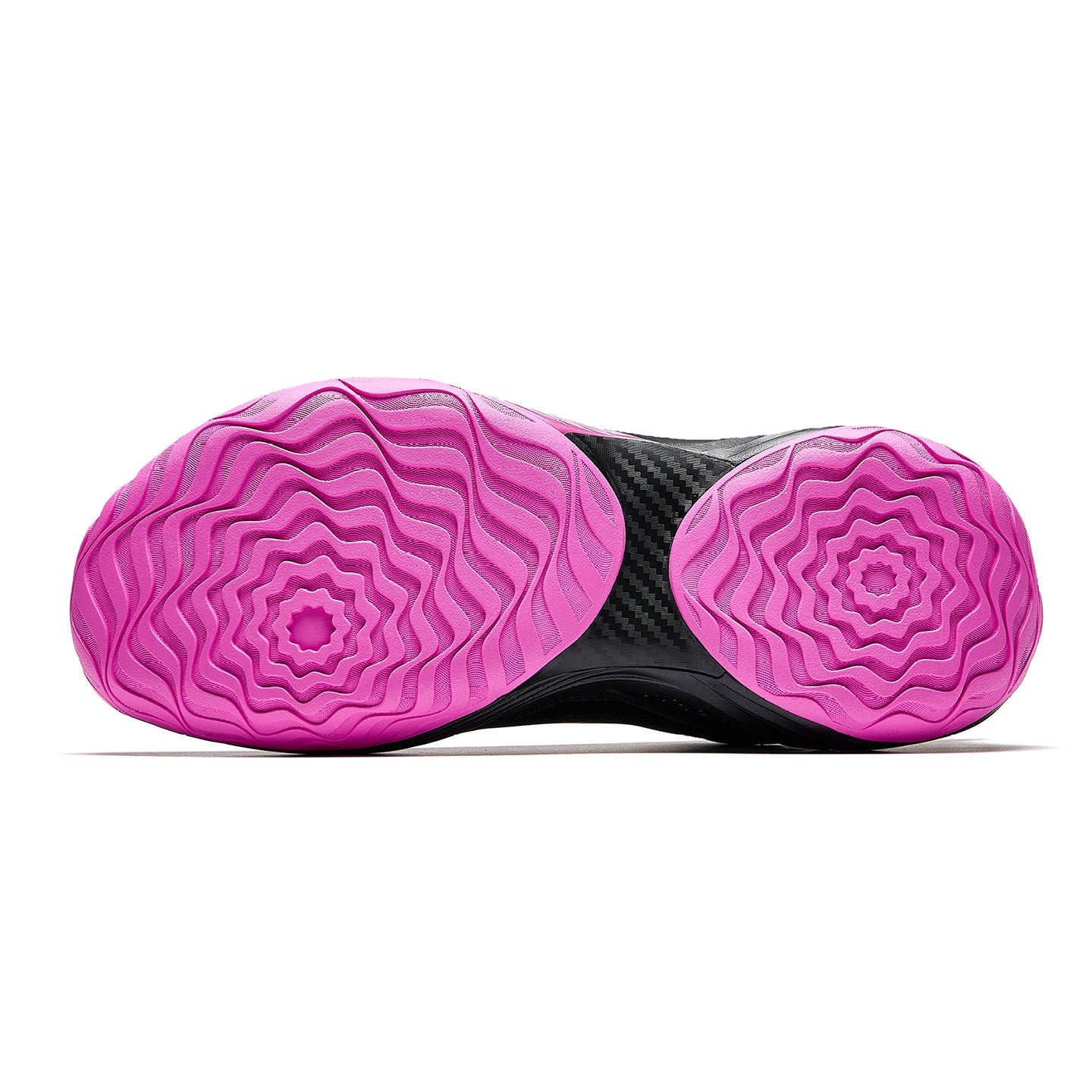 Basketball shoe outsole view with pink traction pattern and black midfoot