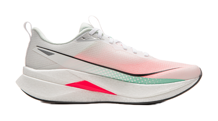 Running shoe side view in white and light pink with black logo, green trim, red wedge midsole