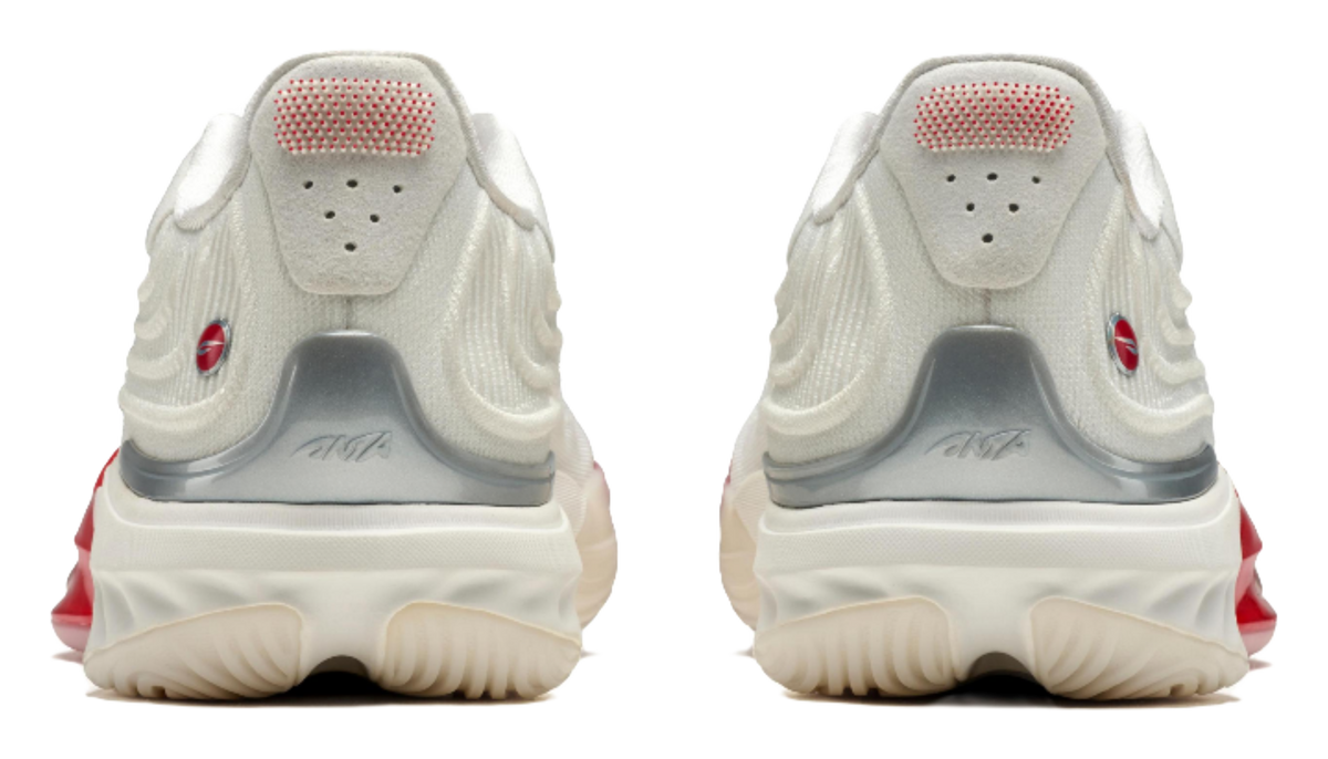Unisex basketball shoe, heel view in white with red side panels
