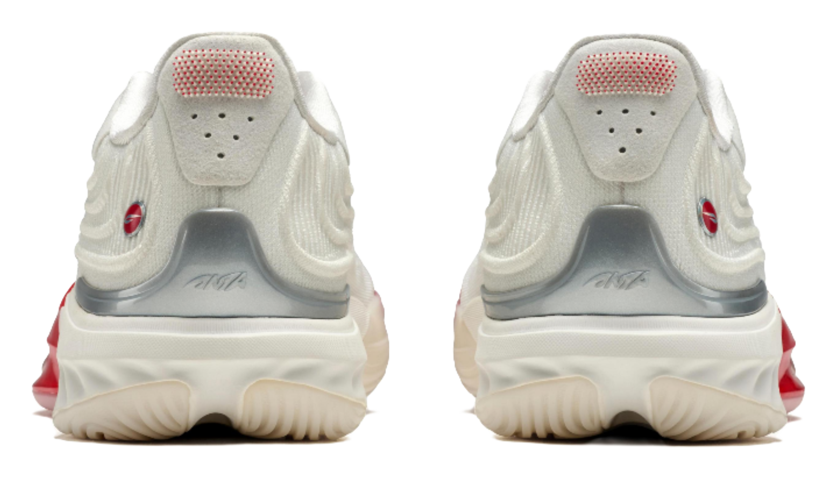 Unisex basketball shoe, heel view in white with red side panels