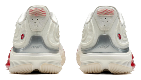 Unisex basketball shoe, heel view in white with red side panels