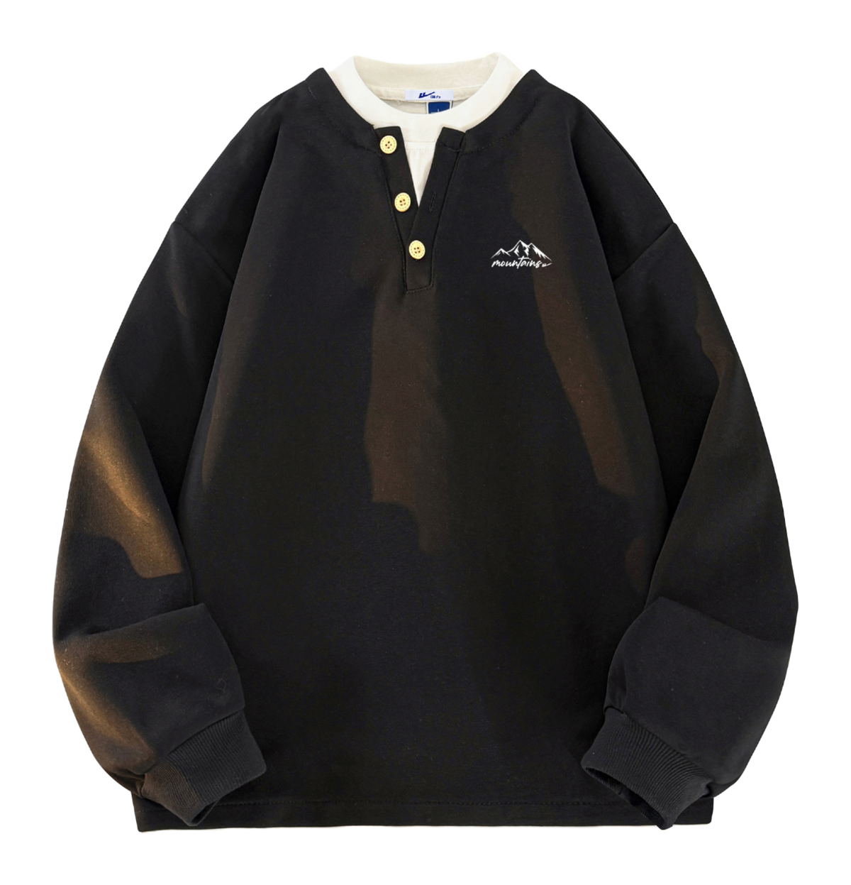 Warrior Revival Wind and Wave Series American Trendy College Style Letter Print Color Contrast Splicing Fake Two Piece Loose Casual Versatile Hoodie Bottom Wear Warm Henley Collar Long Sleeve T-shirt Unisex  vjsneaker.com