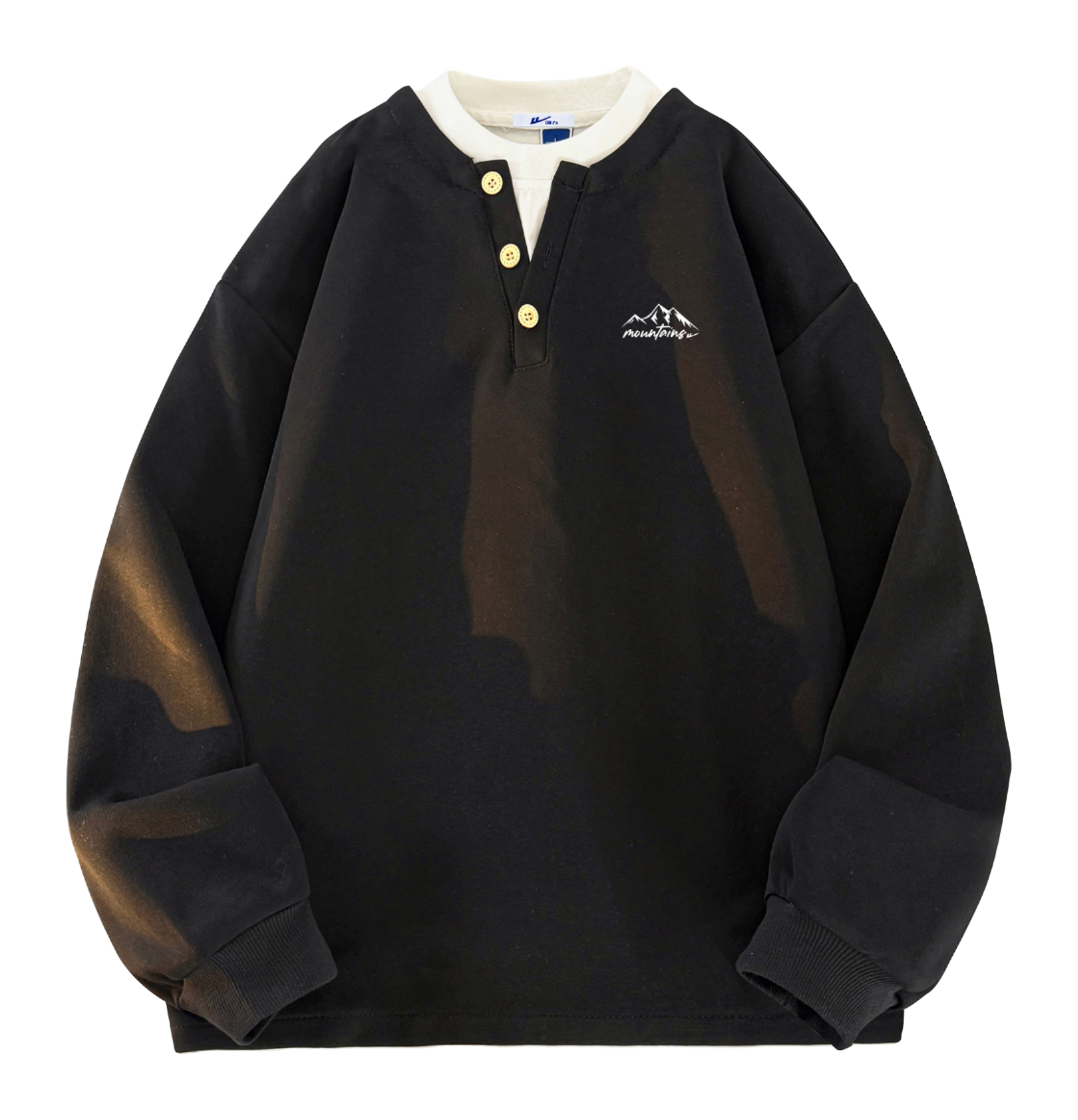 Warrior Revival Wind and Wave Series American Trendy College Style Letter Print Color Contrast Splicing Fake Two Piece Loose Casual Versatile Hoodie Bottom Wear Warm Henley Collar Long Sleeve T-shirt Unisex  vjsneaker.com