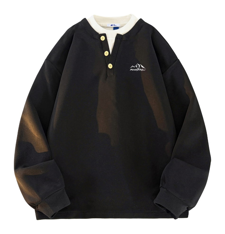 Warrior Revival Wind and Wave Series American Trendy College Style Letter Print Color Contrast Splicing Fake Two Piece Loose Casual Versatile Hoodie Bottom Wear Warm Henley Collar Long Sleeve T-shirt Unisex  vjsneaker.com