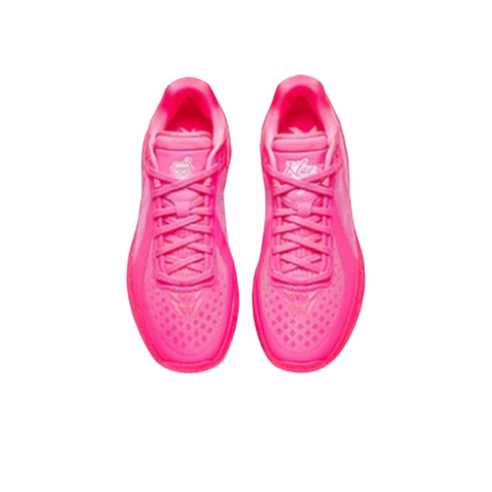 Pink lace-up sneakers, front view with perforated forefoot and side logos
