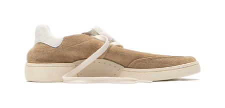 Sand suede low-top skate shoes with white heel tab and rubber cupsole, lace-up