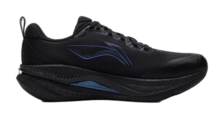 Men's low-top running shoes, black upper with blue accents and side wing logo