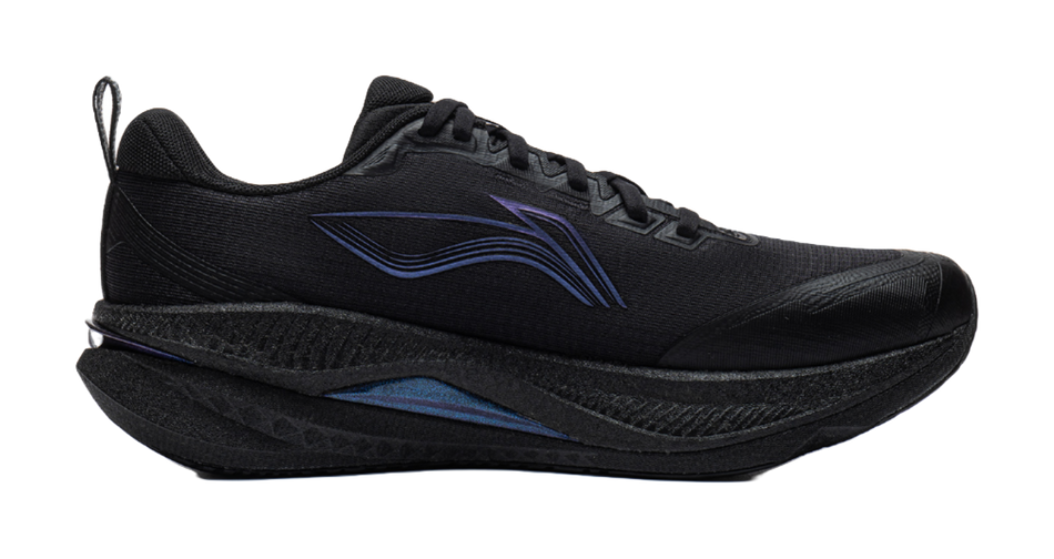 Men's low-top running shoes, black upper with blue accents and side wing logo