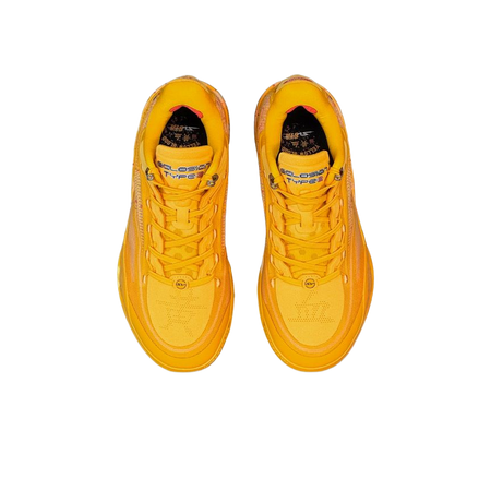Unisex low-top basketball sneaker pair, front view in bright yellow with black interior lining