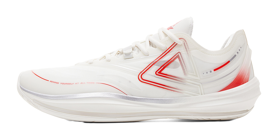 Unisex basketball shoes in milk white with red outline and triangular side logo