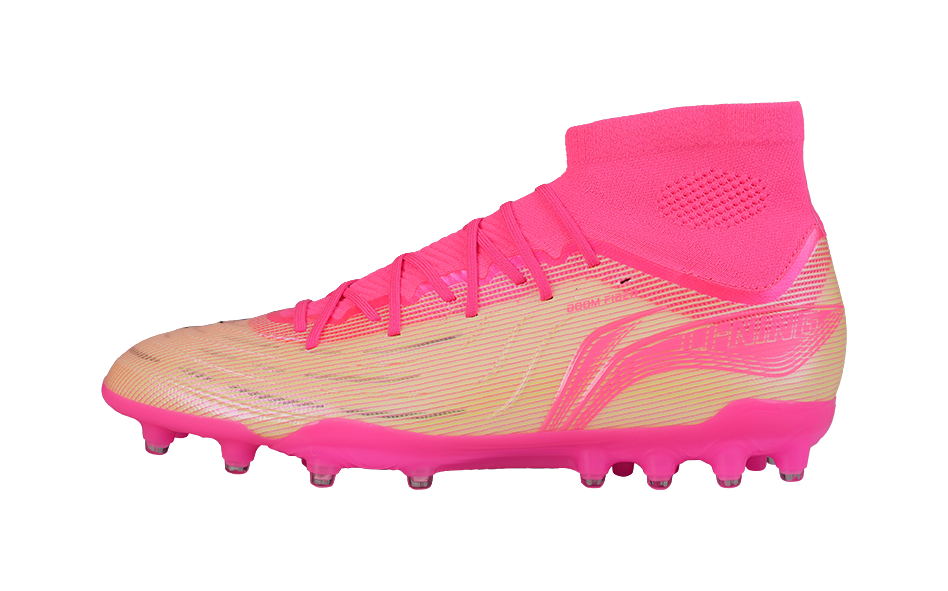 Li-Ning Shadow 3 pink high-top soccer cleat with pink laces and rubber stud outsole