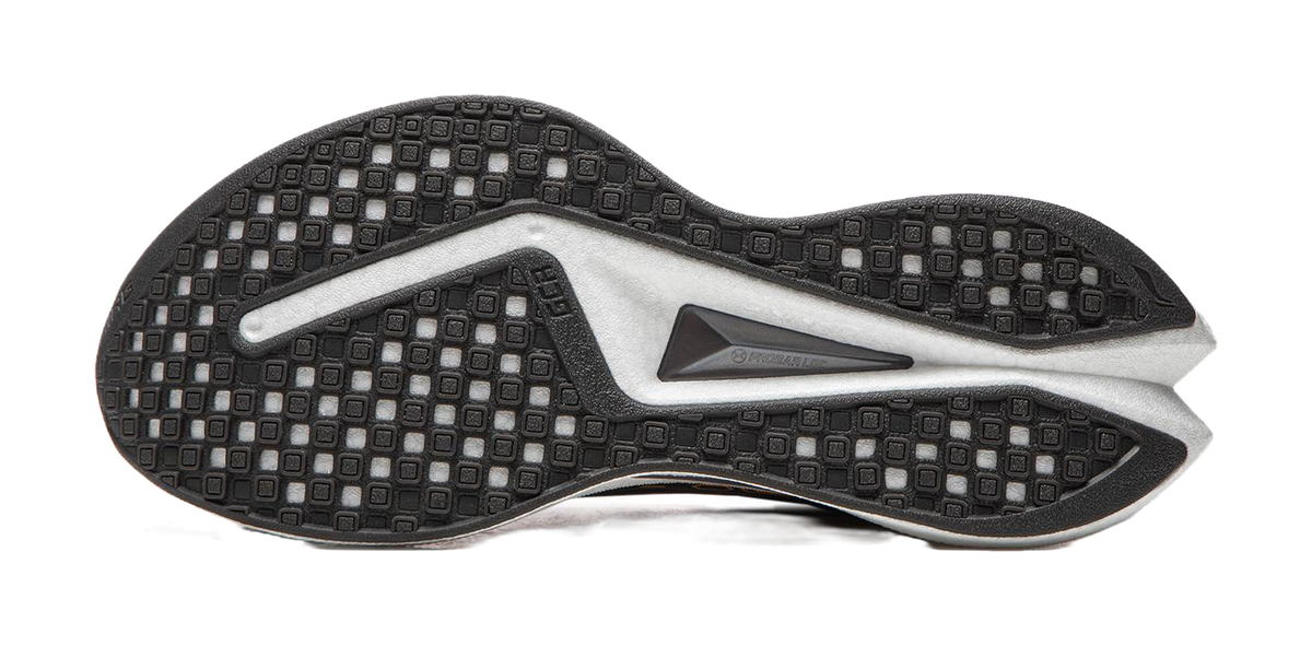 Black outsole with square tread pattern and gray midfoot support plate.